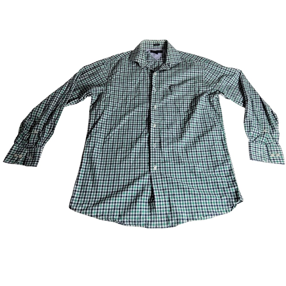 Tommy Hilfiger Mens Green Navy Blue Gingham Check Cotton Button Down Shirt 15.5